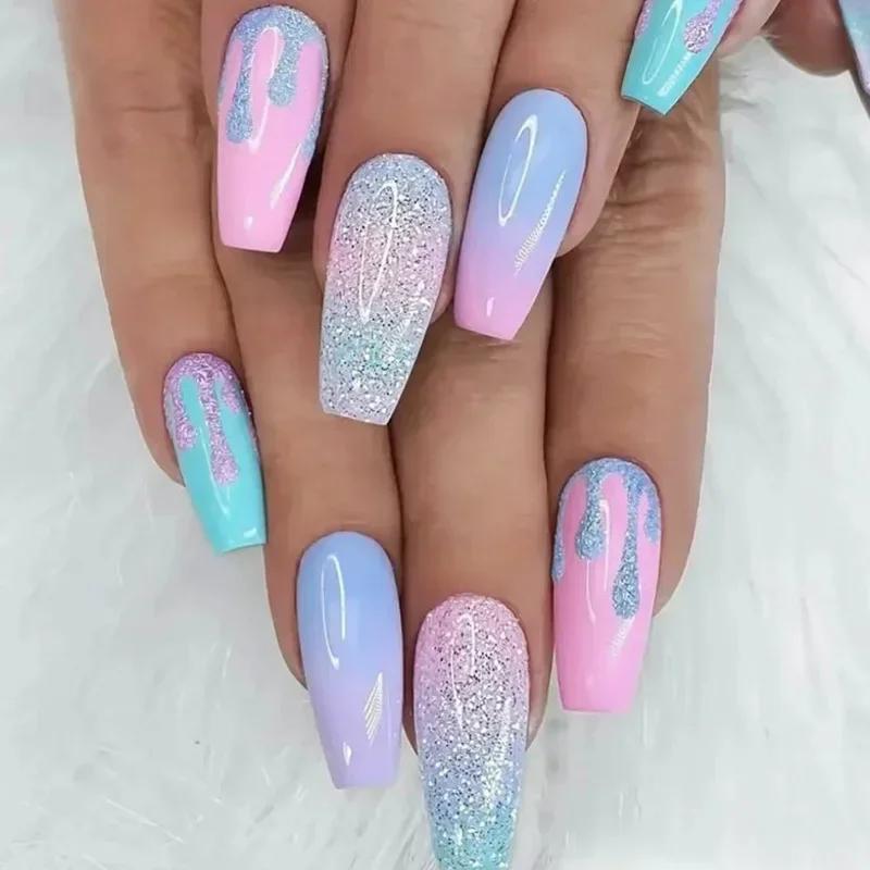 24 pièces/ensemble Faux ongles en acrylique longs forme ballerine à presser, réutilisables, colorés 
