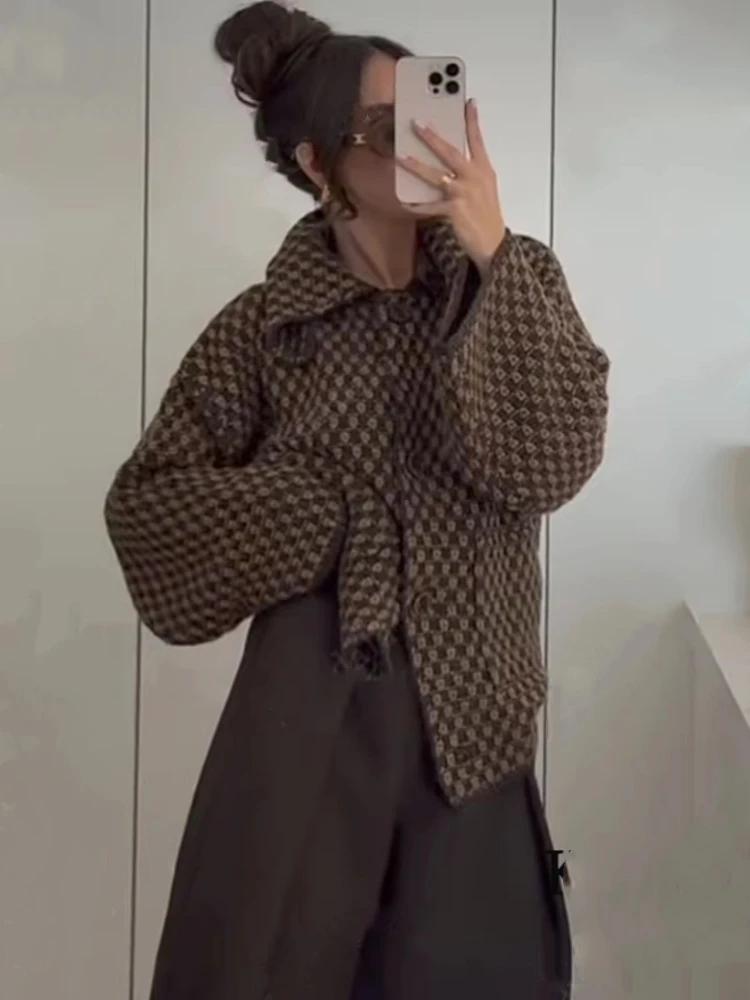 Cardigans tricotés à manches longues pour femmes, marron, élégant, revers, simple boutonnage, pull a