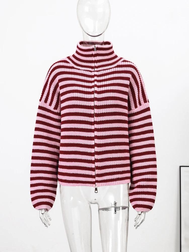 Cardigan décontracté en maille rayée pour femme, avec double fermeture éclair, manches longues, col 