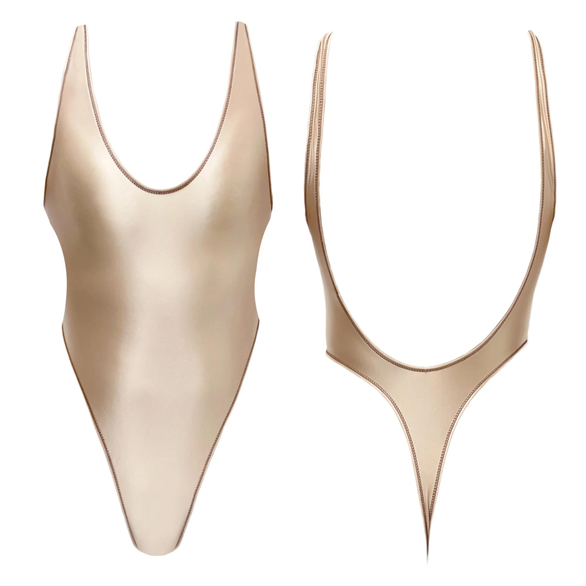 Maillot de bain une pièce en satin brillant, collants masqués, bikini à haute élasticité et huileux 