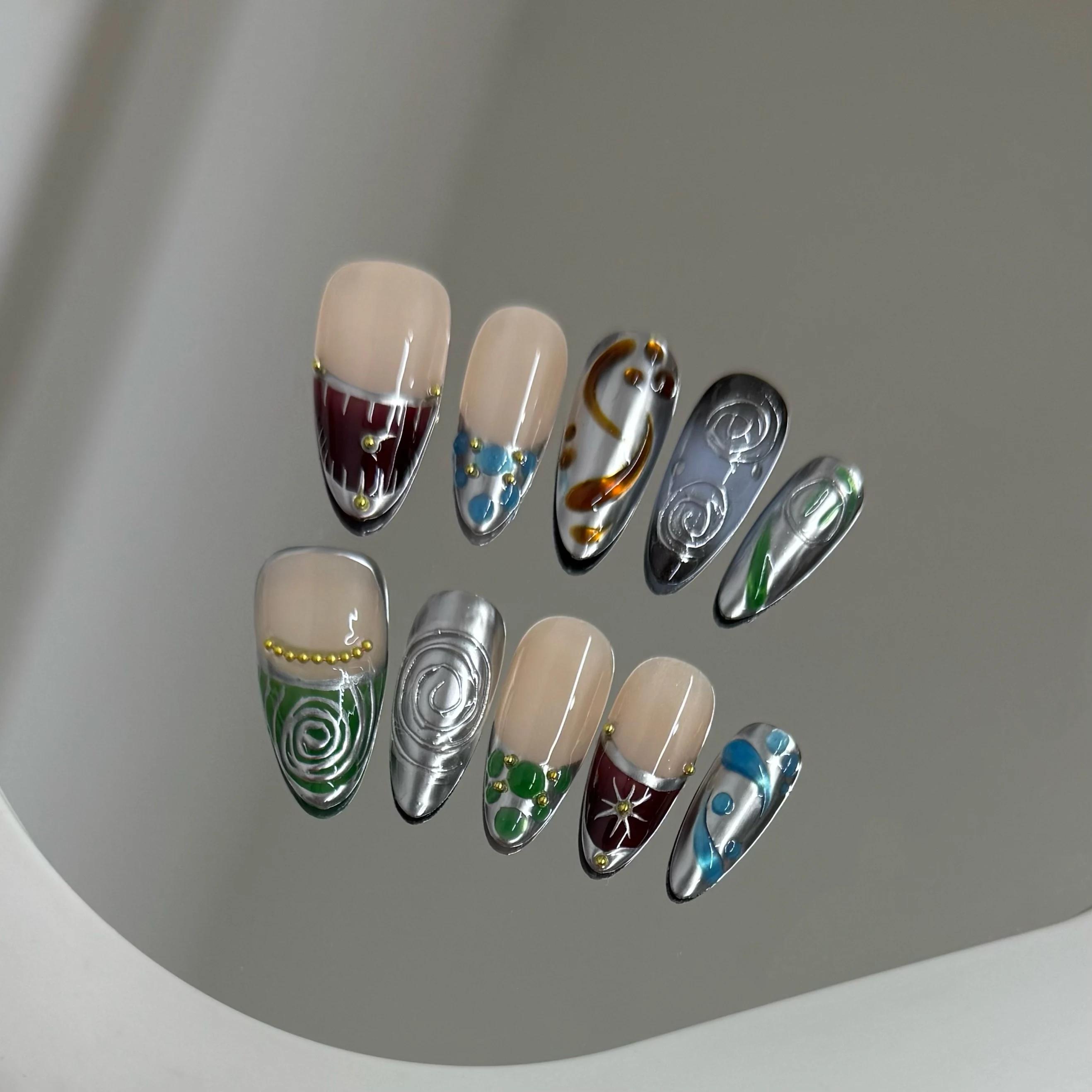 Faux ongles à pression faits à la main Y2k, ciel étoilé, amande, détachables, portables, doux et fra