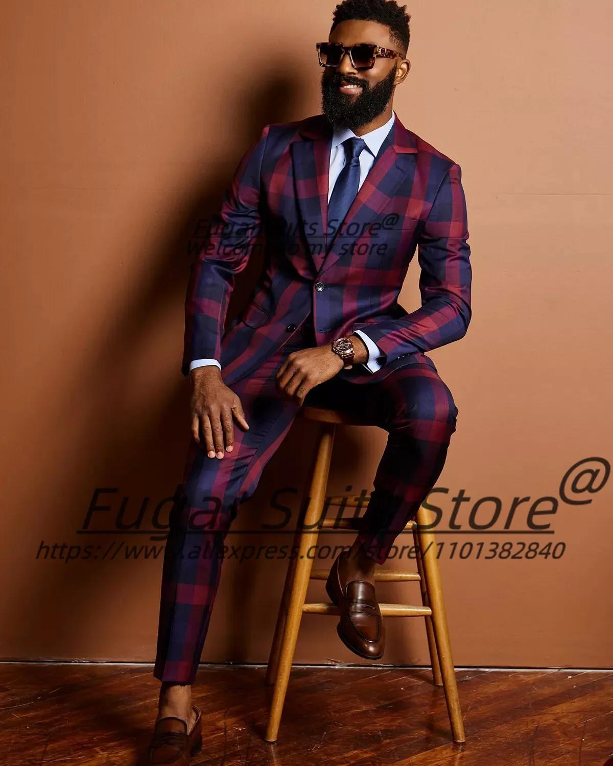 Costumes d'affaires à carreaux pour hommes, sur mesure, coupe ajustée, revers cranté, pour marié, ma