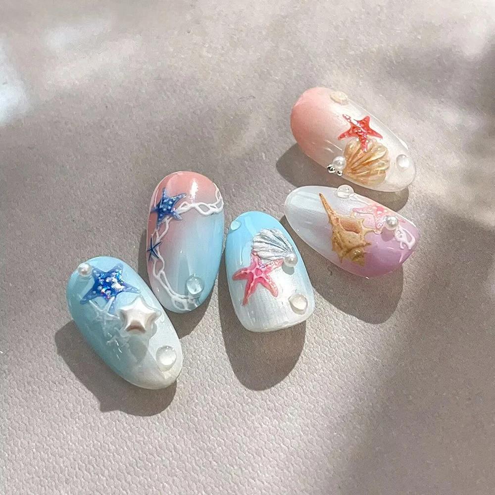 Autocollants pour ongles thème mer d'été, coquilles brillantes, étoile de mer, sirène, conque, plage