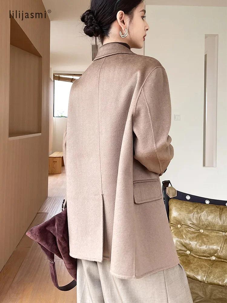 Blazer court en laine à revers crantés pour femme, 100% laine, avec poignets de travail, non doublé,