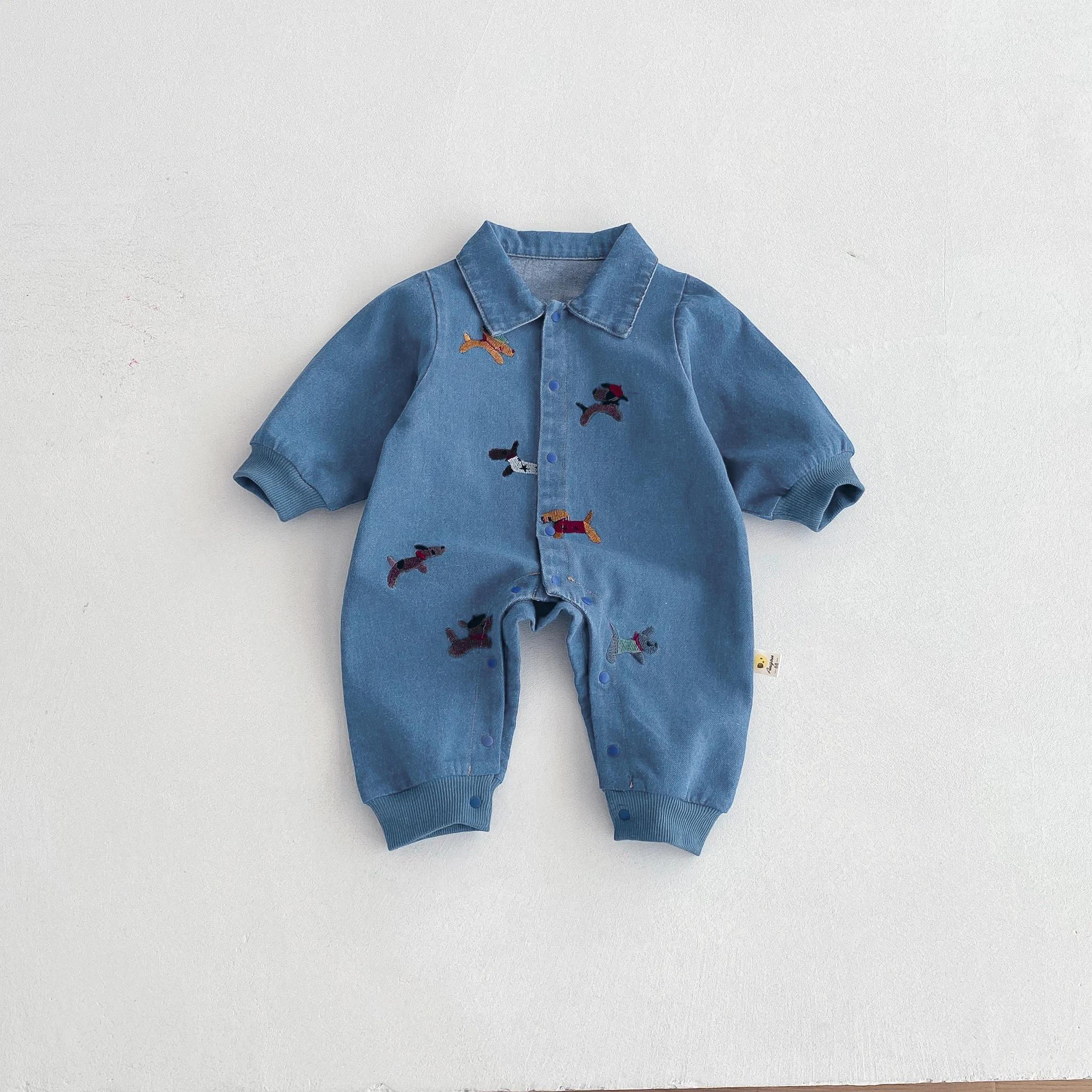 Costume une pièce pour bébé, vêtements d'automne en denim, vêtements rampants d'extérieur brodés pou
