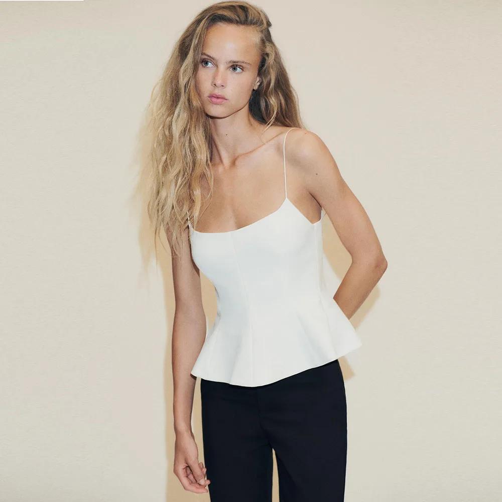 Chemise décontractée pour femme - Style printemps/été. Bretelles élastiques. Col rond. Design sexy. 