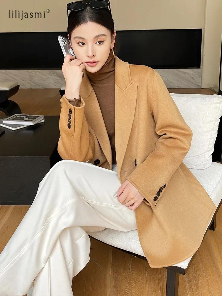 Blazer court en laine à revers crantés pour femme, 100% laine, avec poignets de travail, non doublé,