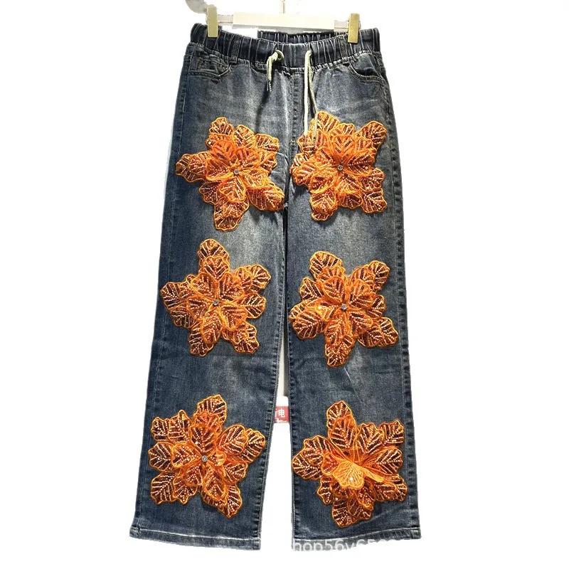 Jean de luxe à fleurs 3d et diamants pour femme, pantalon en Denim droit, taille haute, extensible, 