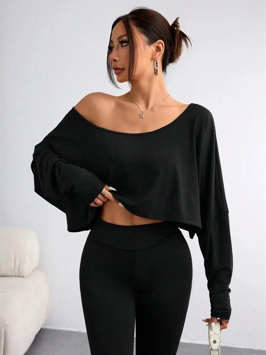 Chemisier noir à manches longues pour femmes, T-shirt décontracté, col asymétrique, haut sans bretel
