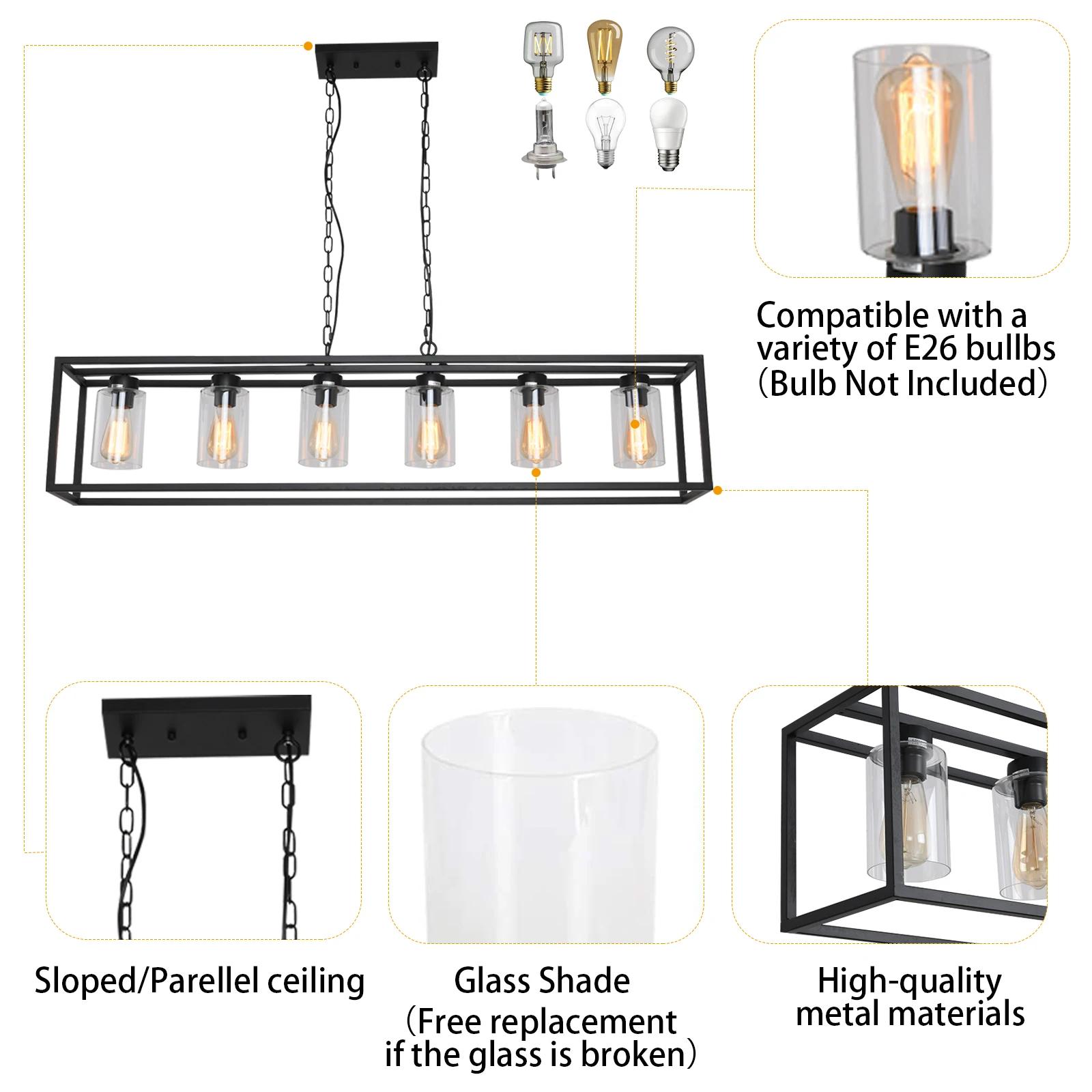 Lustres rectangulaires avec abat-jour en verre, luminaires de salle à manger, îlot de cuisine, lampe