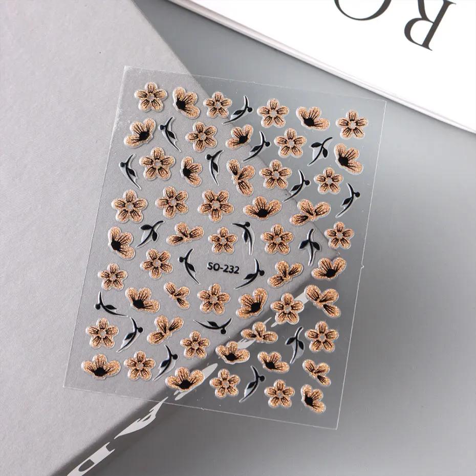 Autocollant 3D pour ongles, 2 pièces, noir, or, paillettes, fleur, pétales brillants, feuilles, Nail