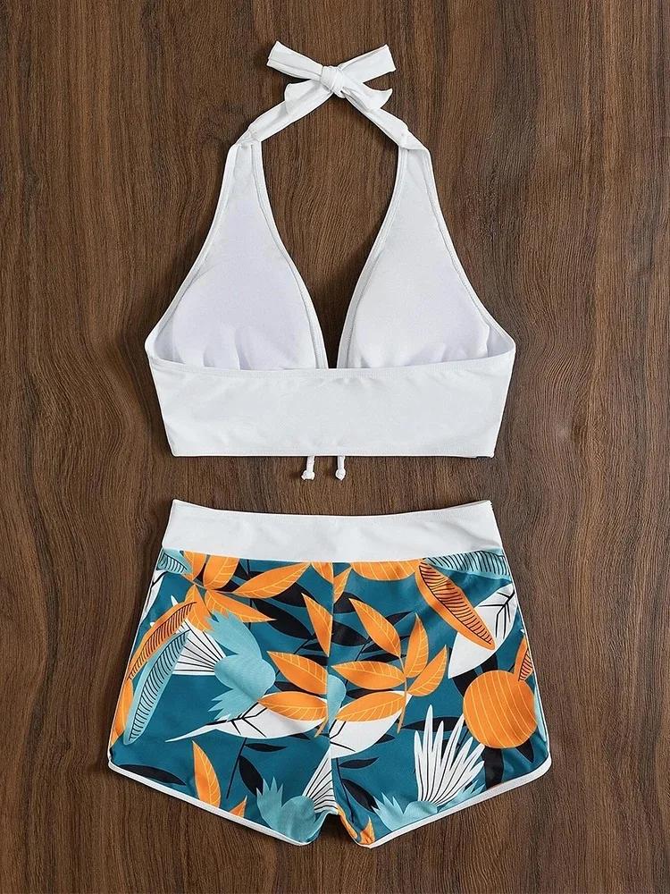 Maillot de bain pour femmes, imprimé, col conservateur, angle plat, taille haute, bikini à angle pla