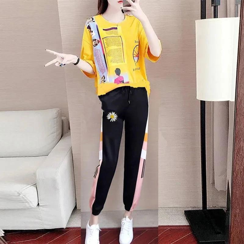 Survêtement pour femmes, ensemble d'été, haut imprimé à manches courtes + pantalon de sport, costume