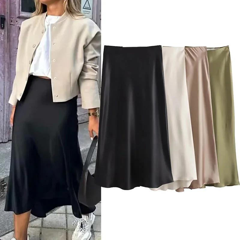 Willshela 2024 jupe en Satin noir femme taille haute jupes longues élégantes pour les femmes mode ét
