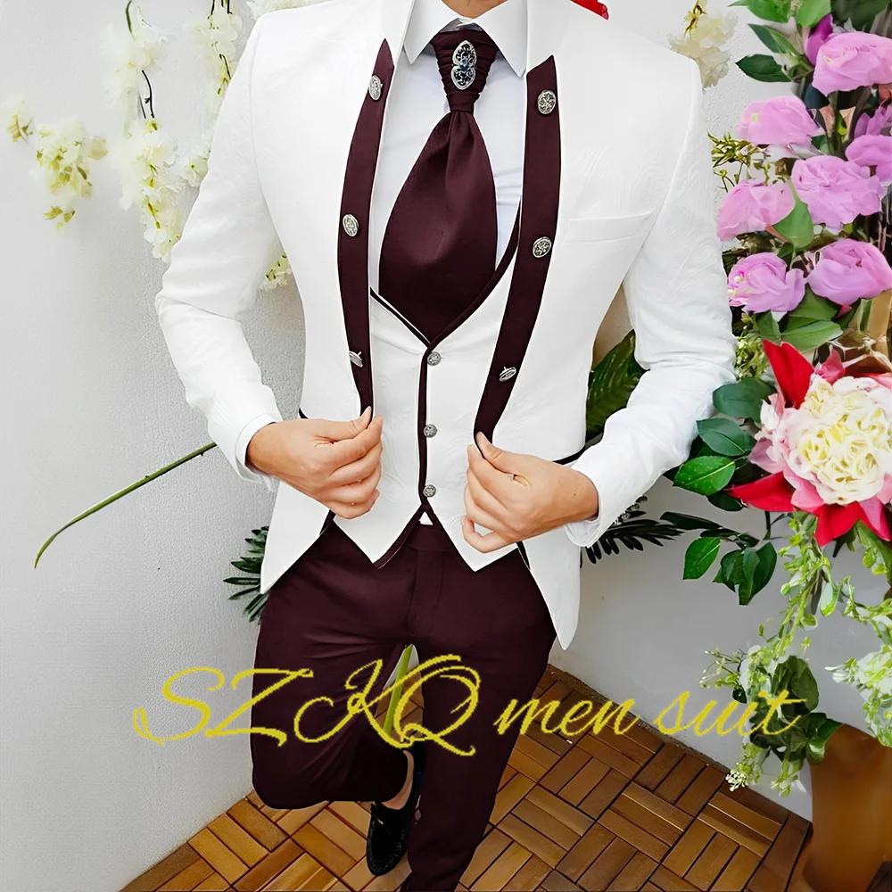 Veste et pantalon à fleurs blanches pour hommes, smoking de mariage, glaaught, ensemble 3 pièces, bl