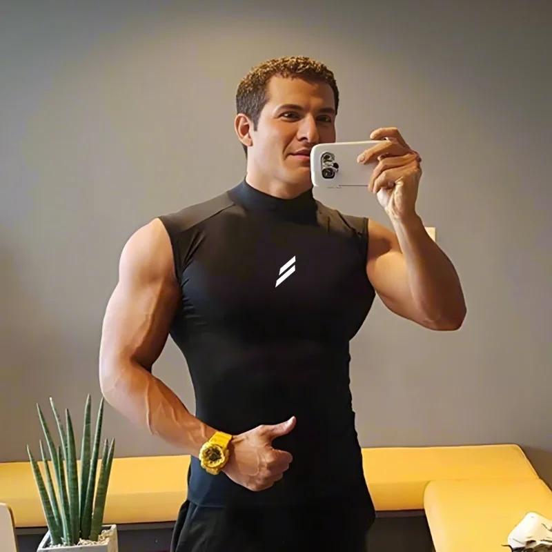 Débardeur compression homme été - Gilet musculation course fitness sans manches col roulé