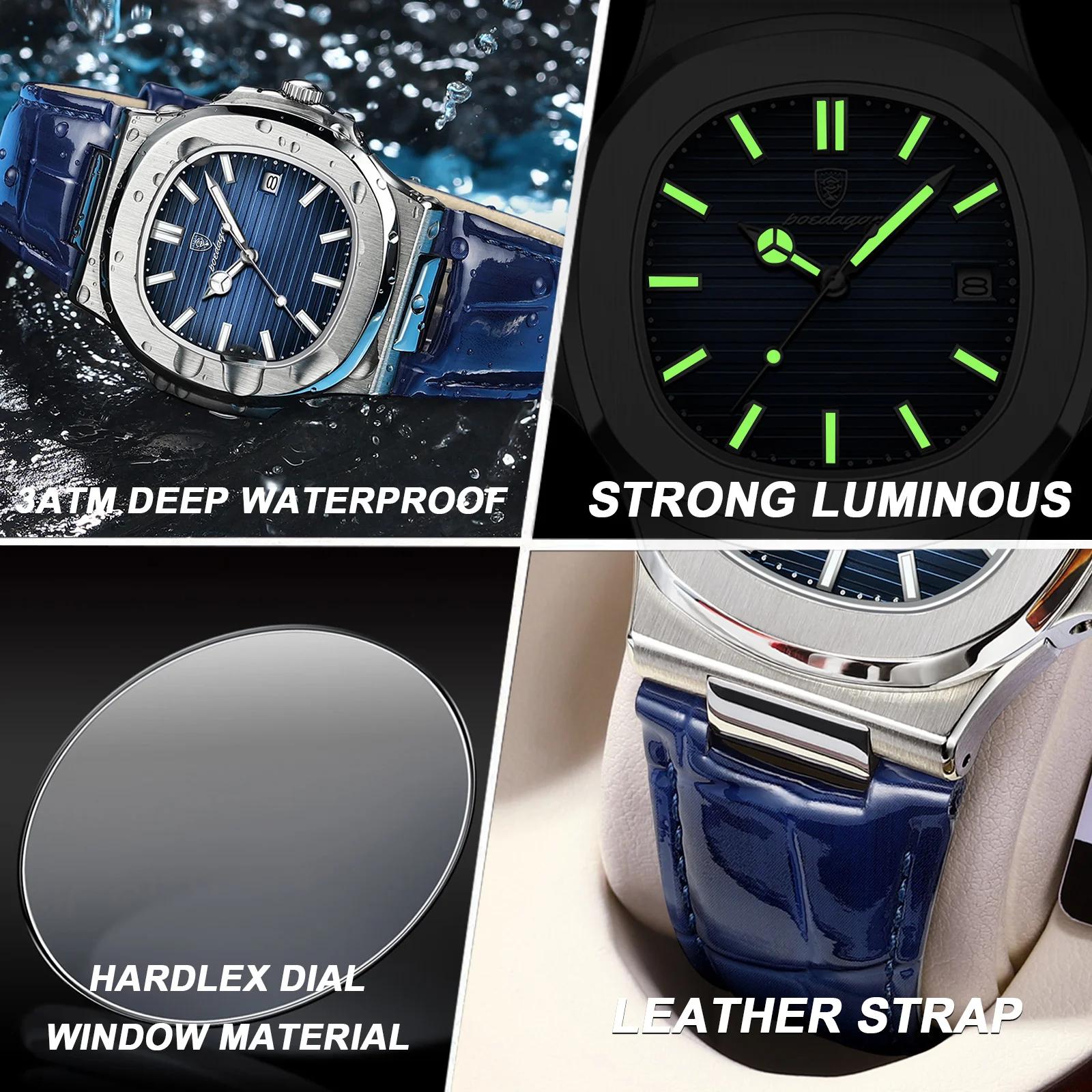 POEDAGAR haut de gamme carré homme montre Date étanche lumineux hommes montre-bracelet de haute qual