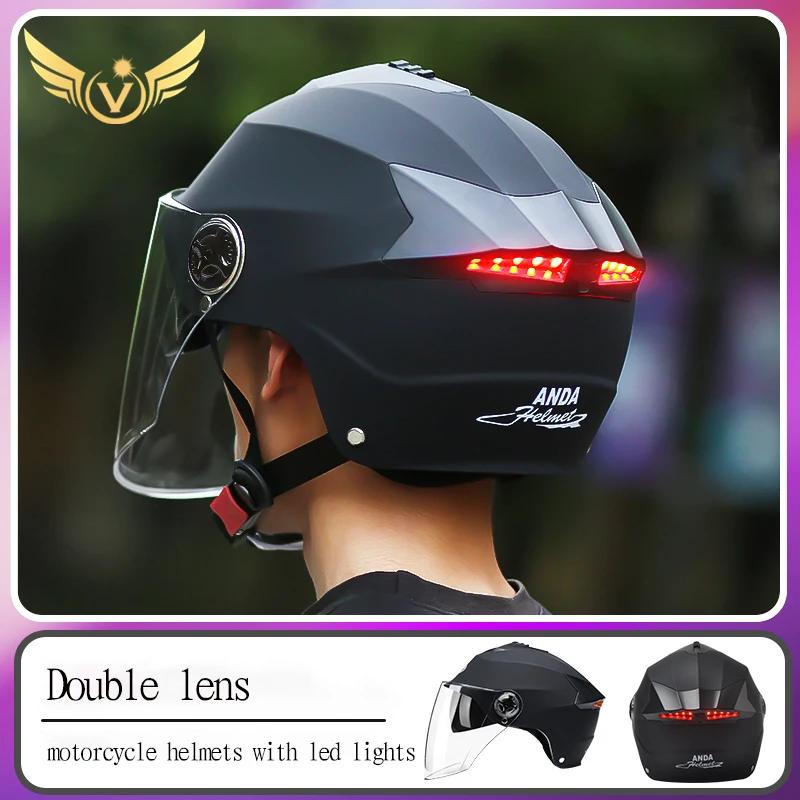 Casques de moto avec lumières Led, casque de cyclomoteur pour hommes et femmes, avec Double visière 