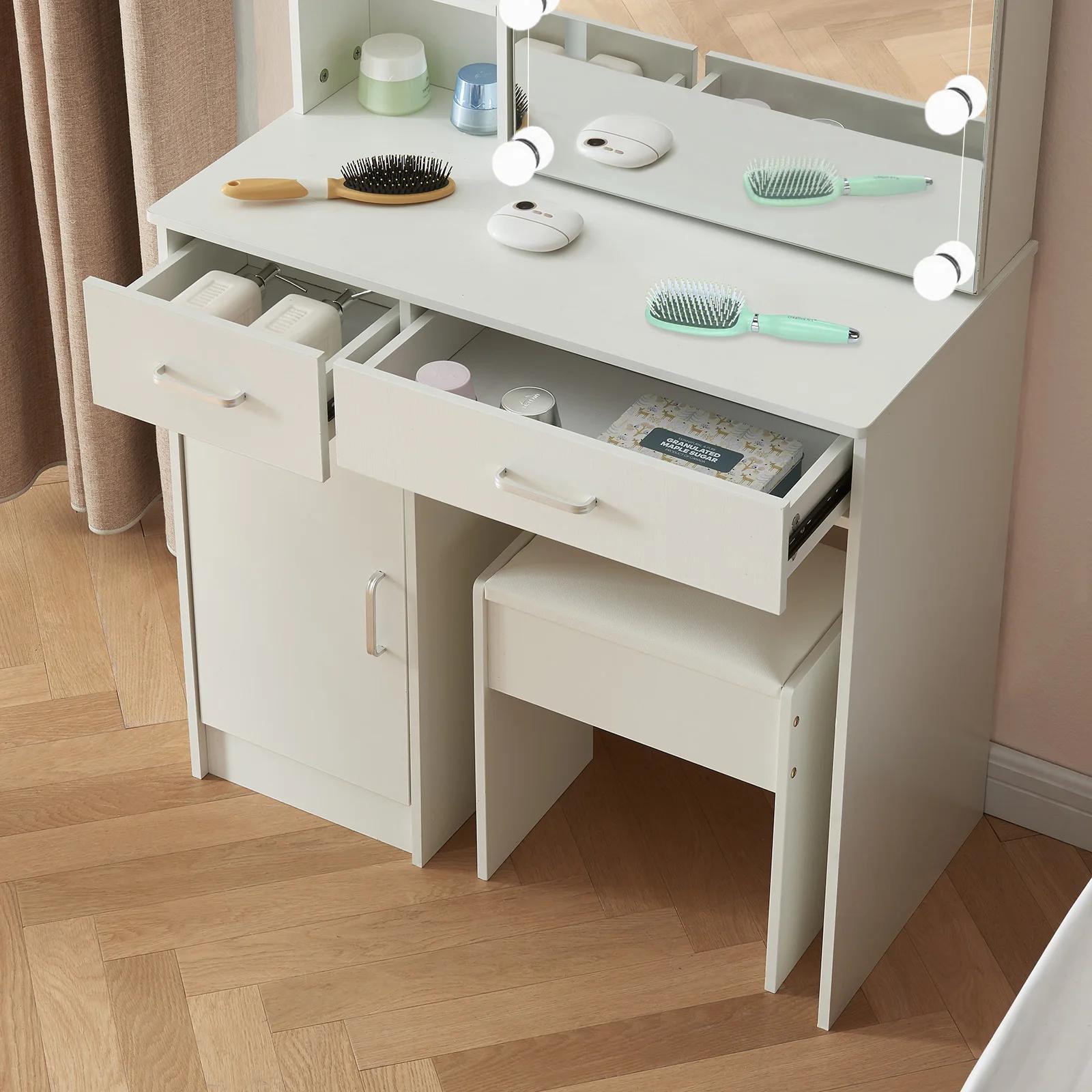 Ensemble de vanité de maquillage avec miroir et lumières, commode, armoire de rangement, 3 modes d'é