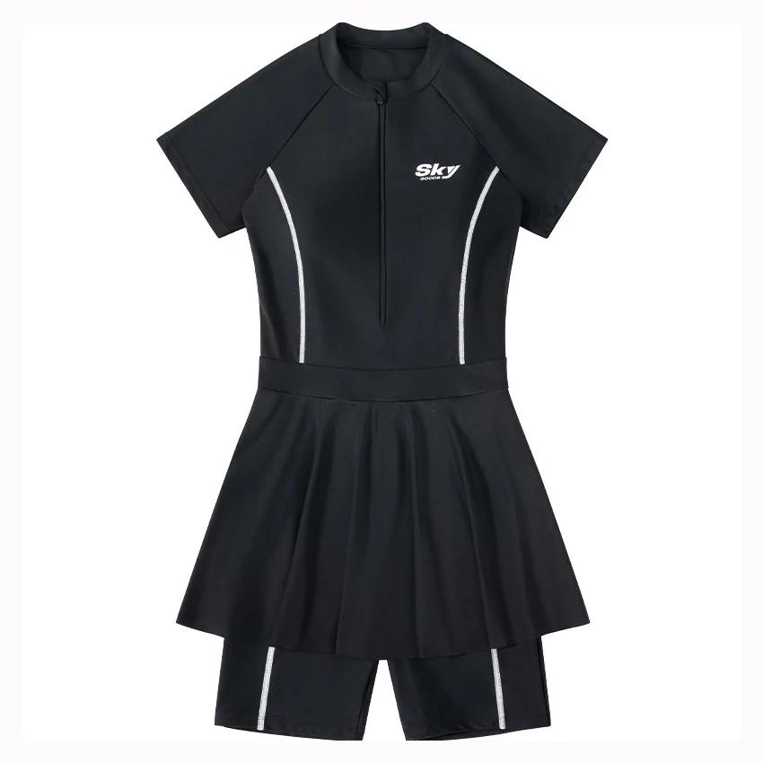 Maillot de bain une pièce à manches courtes pour femmes, jupe de bain, fermeture à glissière avant, 