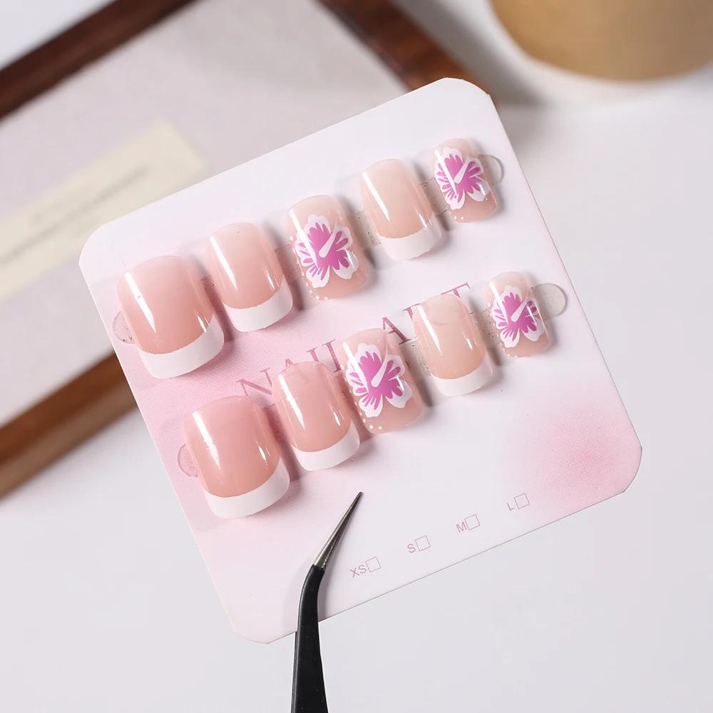 24 pièces blanc rose fleur acrylique faux ongles court carré français faux ongles portable couvertur