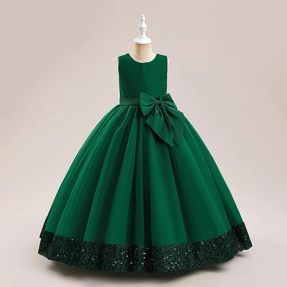 Robe princesse de demoiselle d'honneur à paillettes moelleuses pour filles, avec nœud élégant, rose,