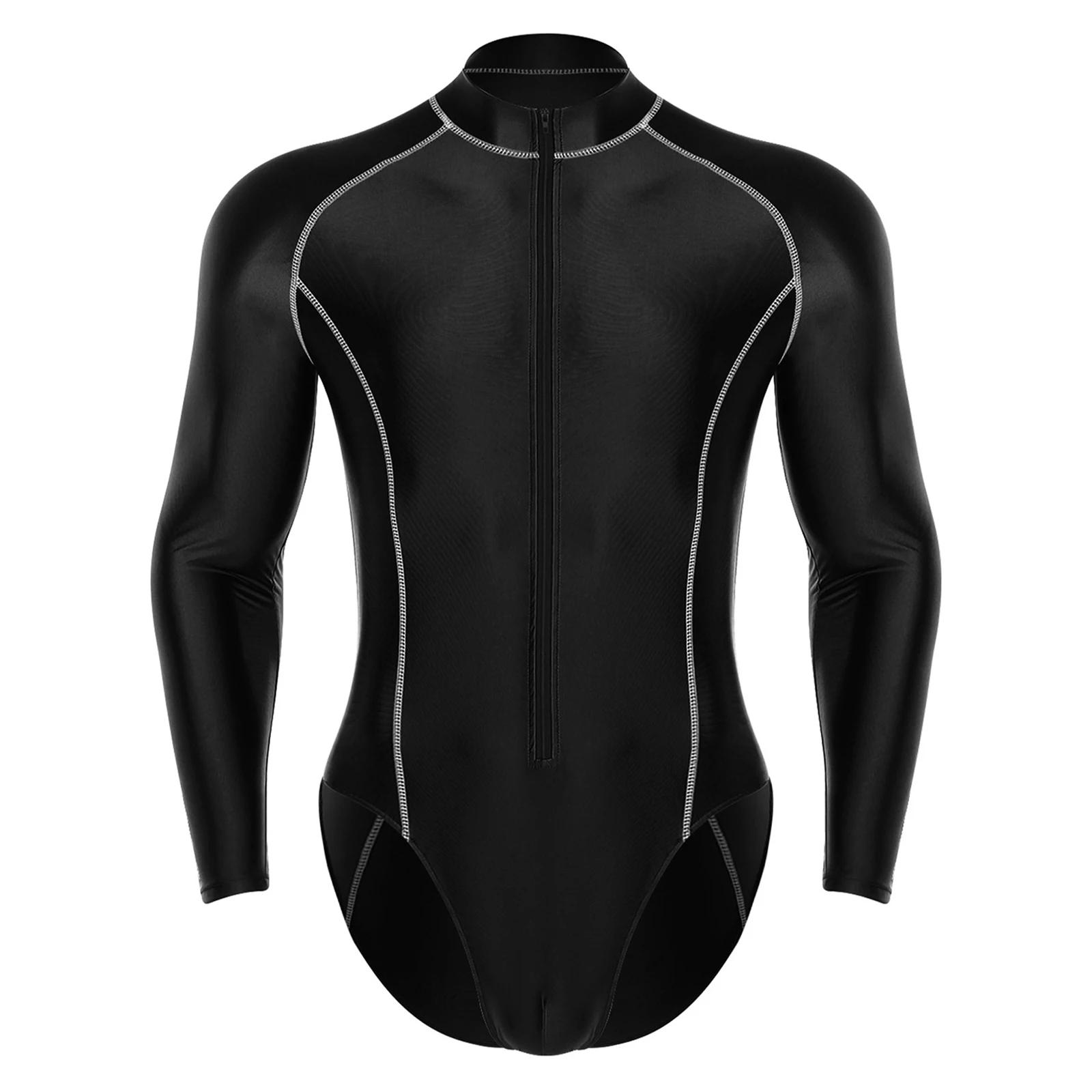 Maillot de bain une pièce brillant pour hommes, protection contre les éruptions cutanées, manches lo