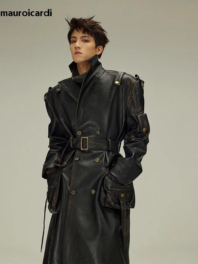 Mauroicardi-Manteau Long en Cuir Pu Noir pour Homme, Ceinture Double Boutonnage, Luxe, Mode Européen