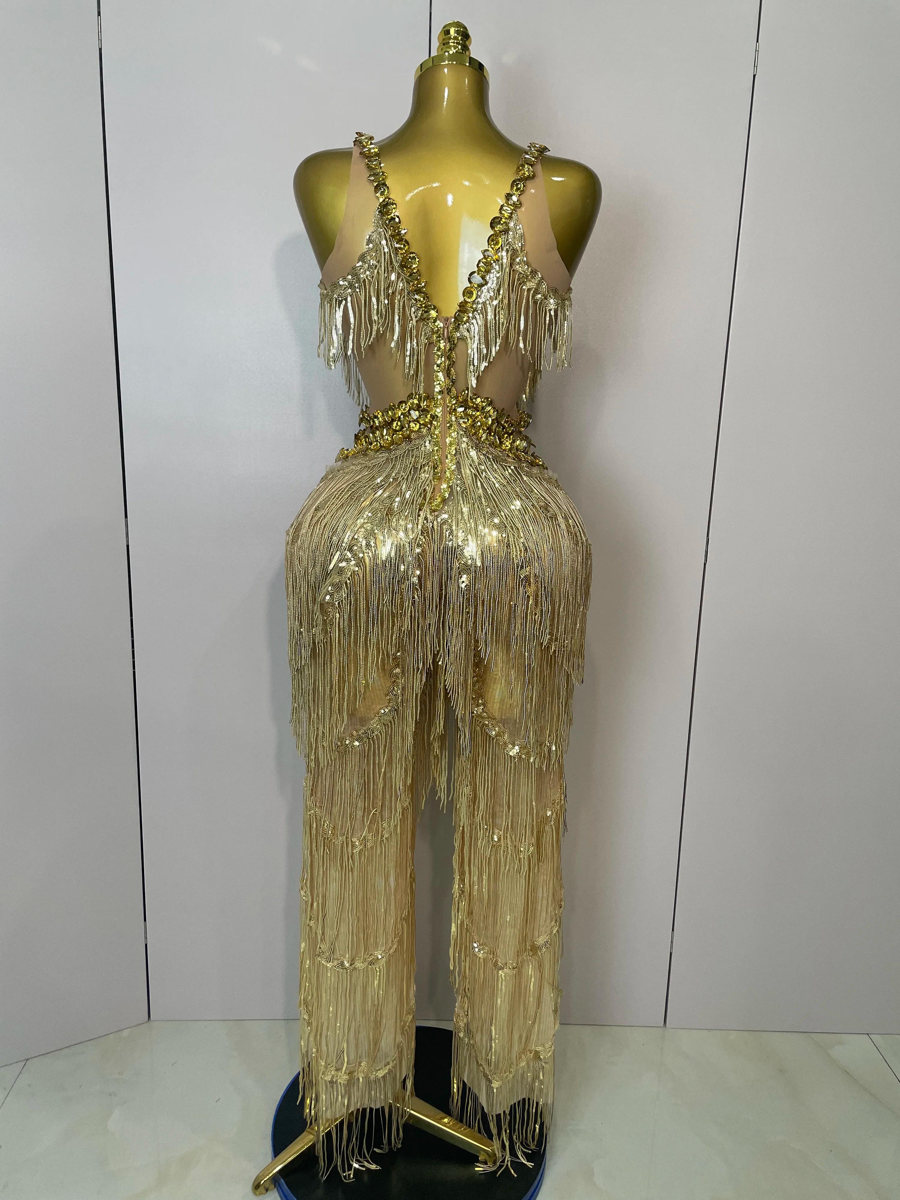 Combinaison à jambes larges pour femmes, strass dorés brillants, franges pailletées, tenue de soirée