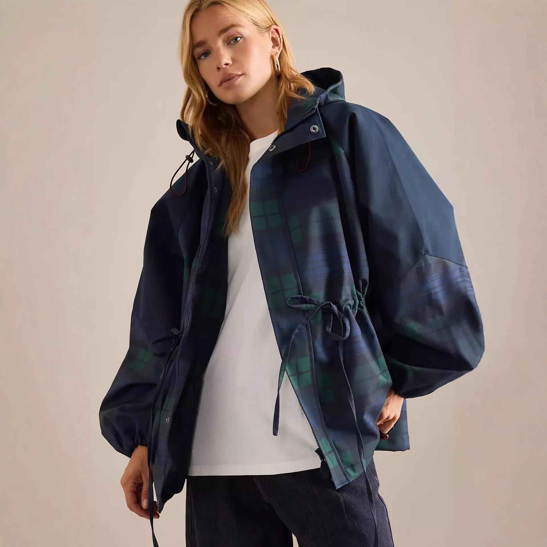 Veste rétro à carreaux pour femme, col montant, cordon de serrage à la taille, coupe-vent court à ca