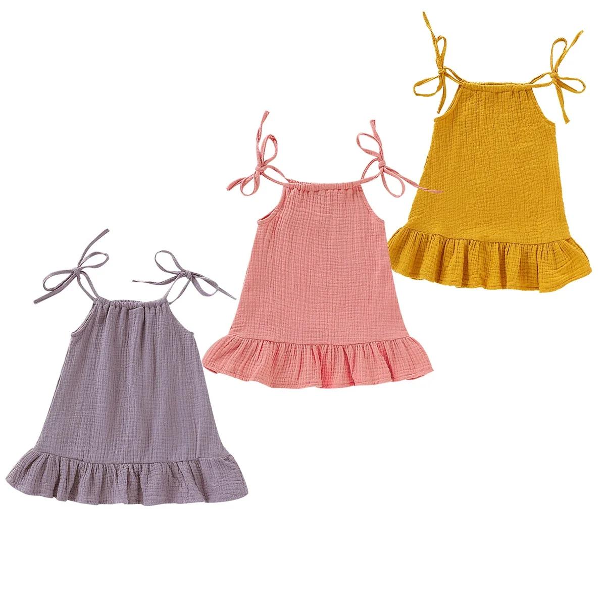 Robe d'été pour bébé fille, tenue en mousseline de coton, sans manches, à volants, à volants