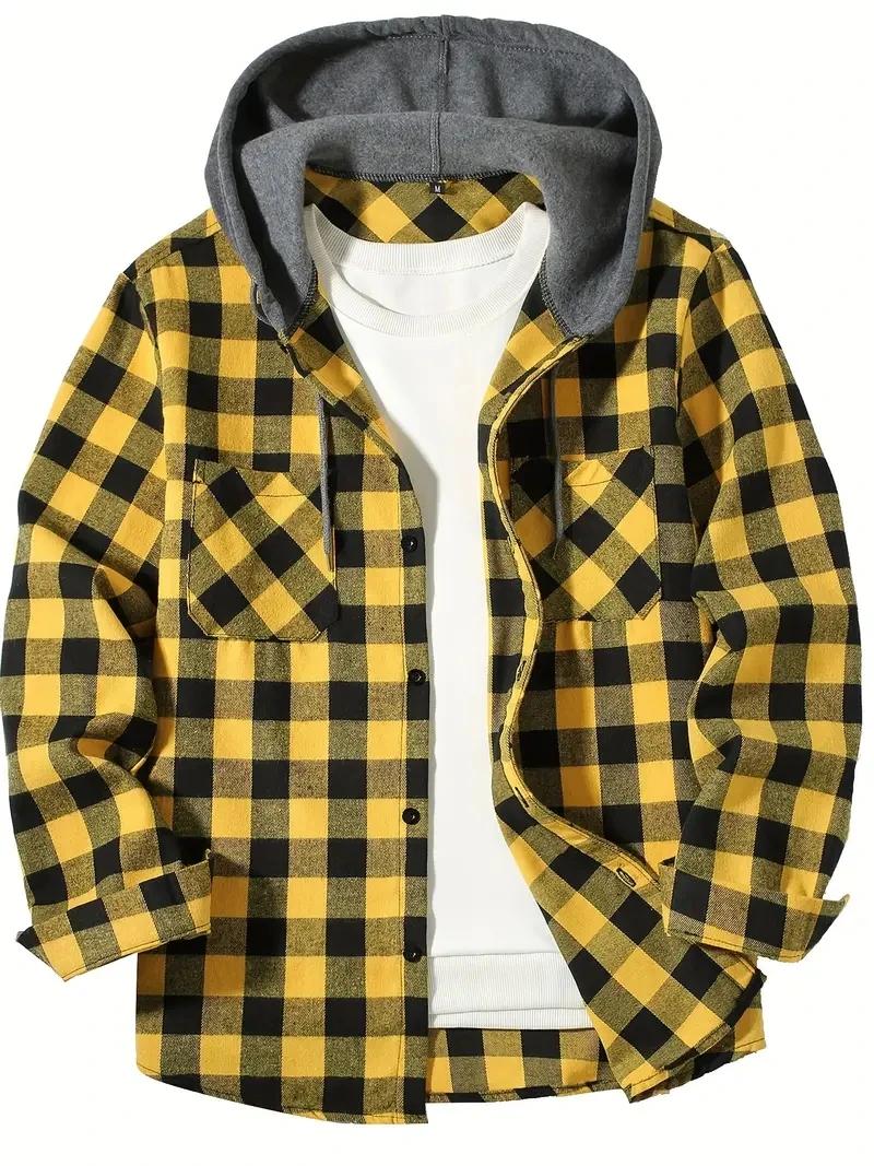 Chemise à carreaux à capuche coupe couvertes pour hommes, chemise à manches longues, chemise de voya