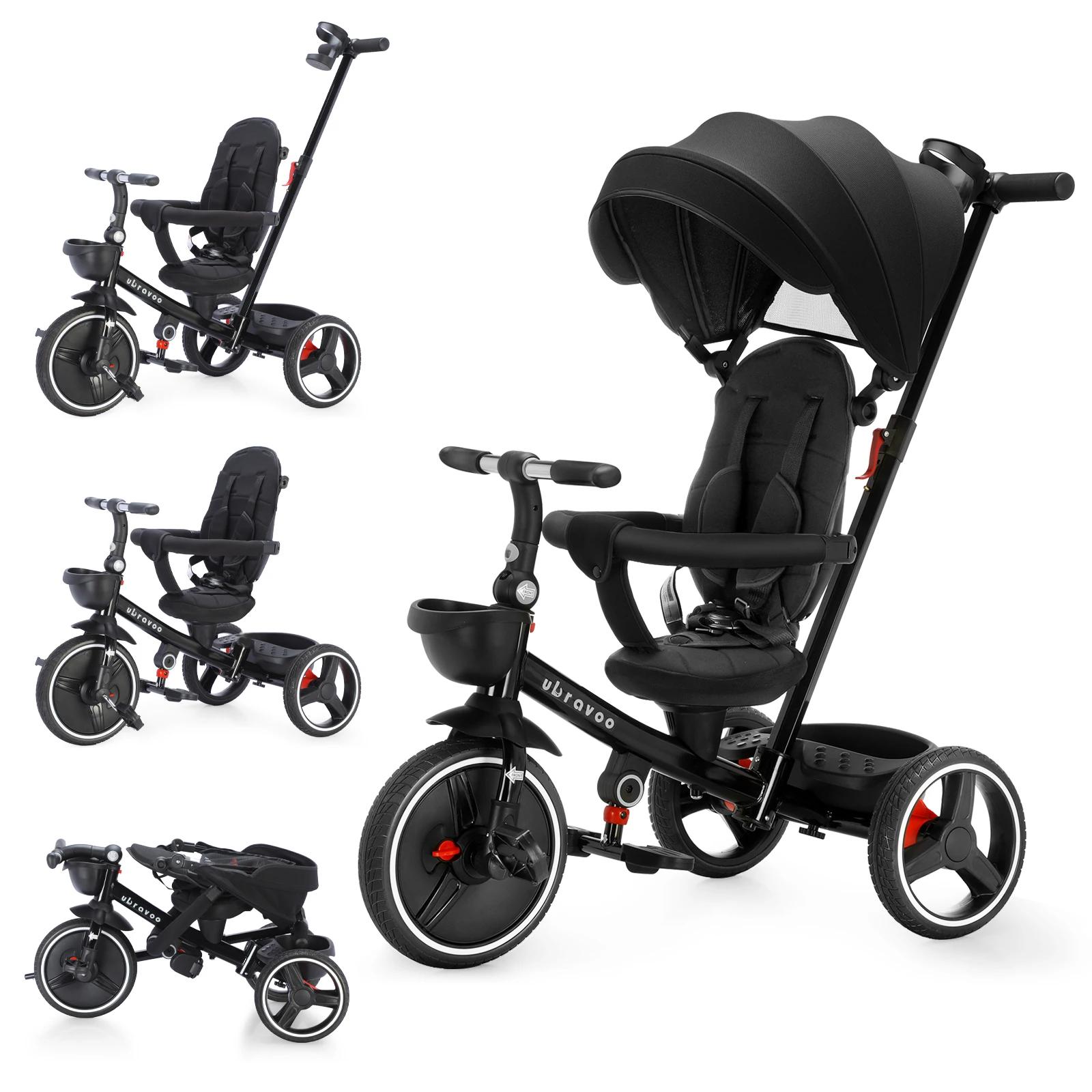 Tricycle pliable pour enfants avec poignée Parent réglable, freins de roue et capot amovible, Tricyc