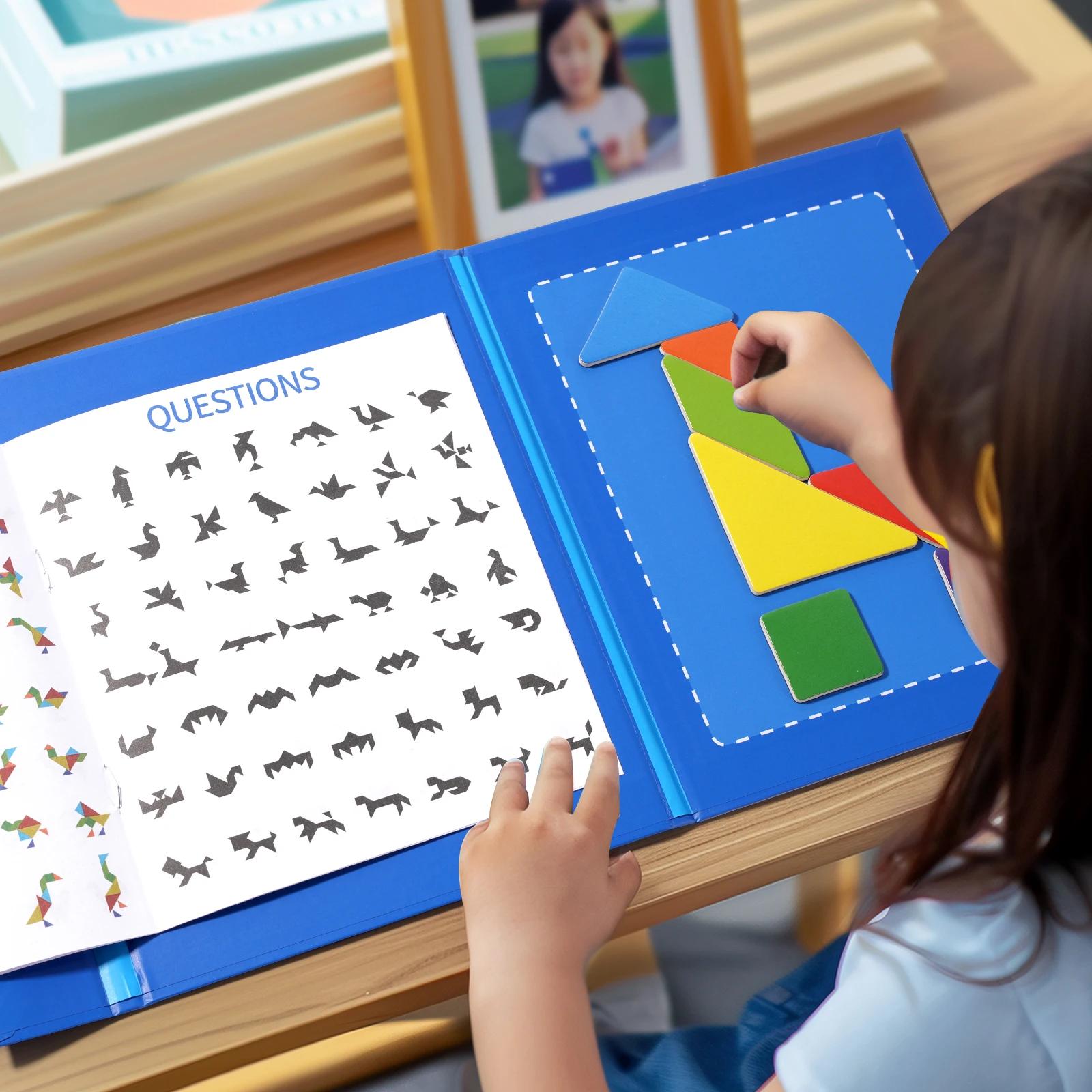 Puzzle en bois Tangram magnétique, livre, jouets éducatifs pour enfants, bébé enfant, Portable, appr