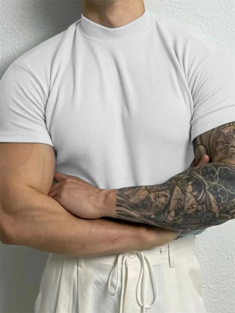 Printemps été mode hommes T-shirt petit col haut chemise à rayures à manches courtes haut de fitness