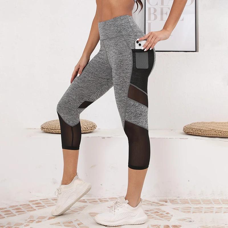 TUNIControl-Pantalon de yoga taille haute en maille pour femme, capri d'entraînement avec poches