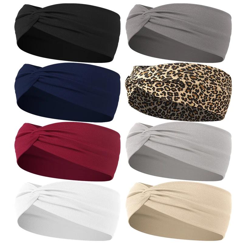 Femmes croix couleur unie bandes de cheveux filles mode imprimé léopard élastique tricoté bandeaux V