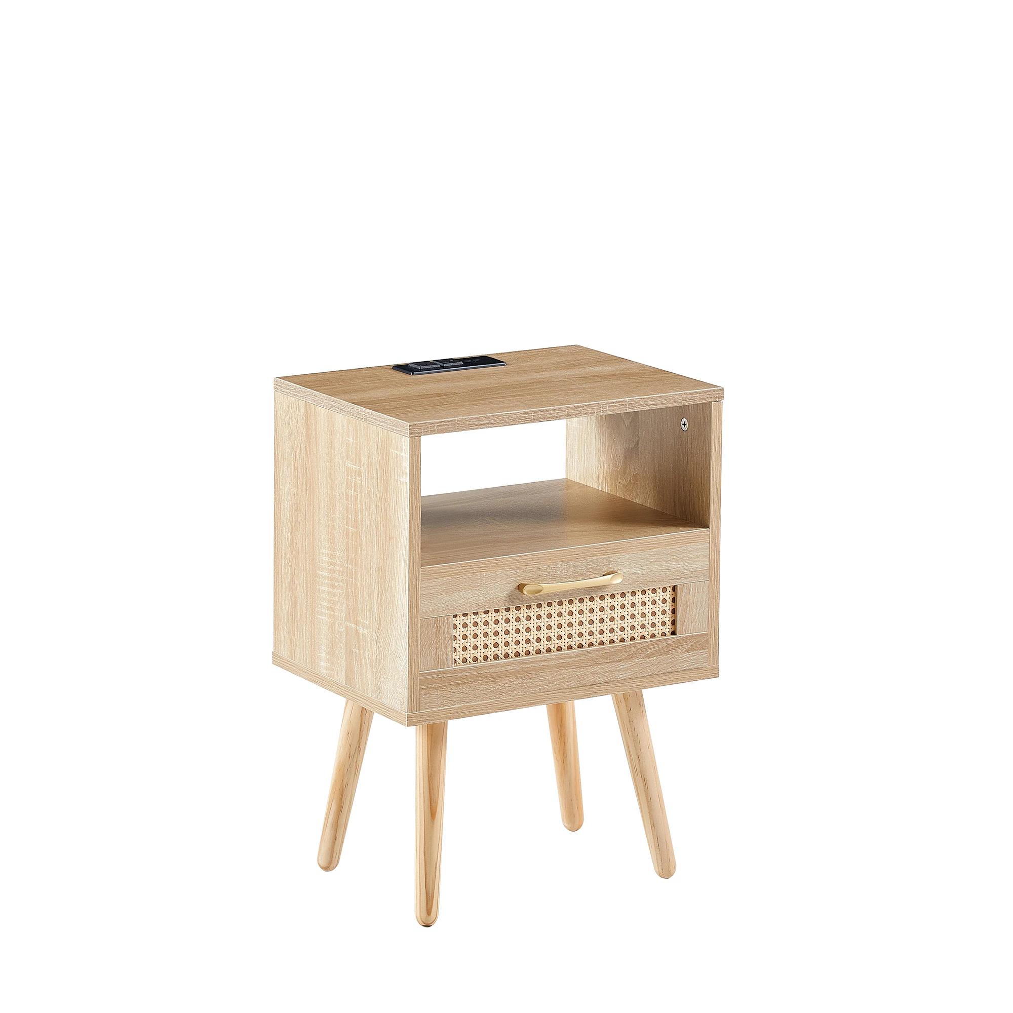 Table d'appoint en rotin avec prise de courant et ports USB, table de chevet moderne avec tiroir et 