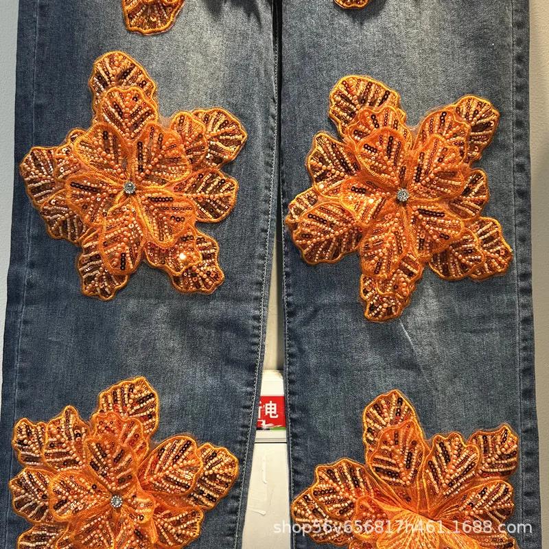 Jean de luxe à fleurs 3d et diamants pour femme, pantalon en Denim droit, taille haute, extensible, 