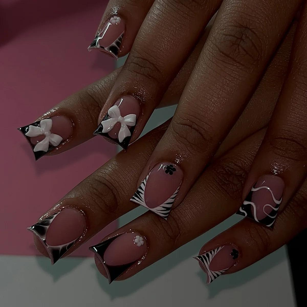 Faux ongles courts à rayures zébrées, 24 pièces, bec de canard français, à pression, Design d'arc po