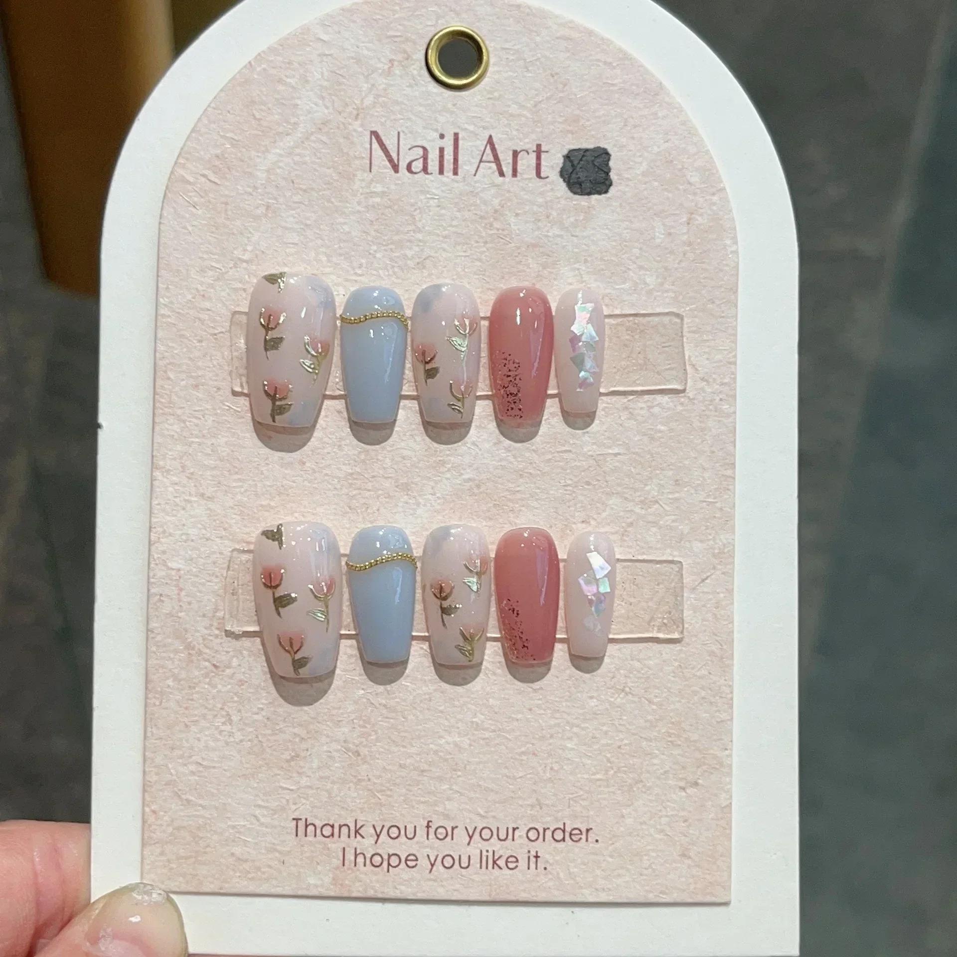 10 pièces bleu à la main presse sur ongles ensemble Ballet portable artificiel faux ongles décoratio