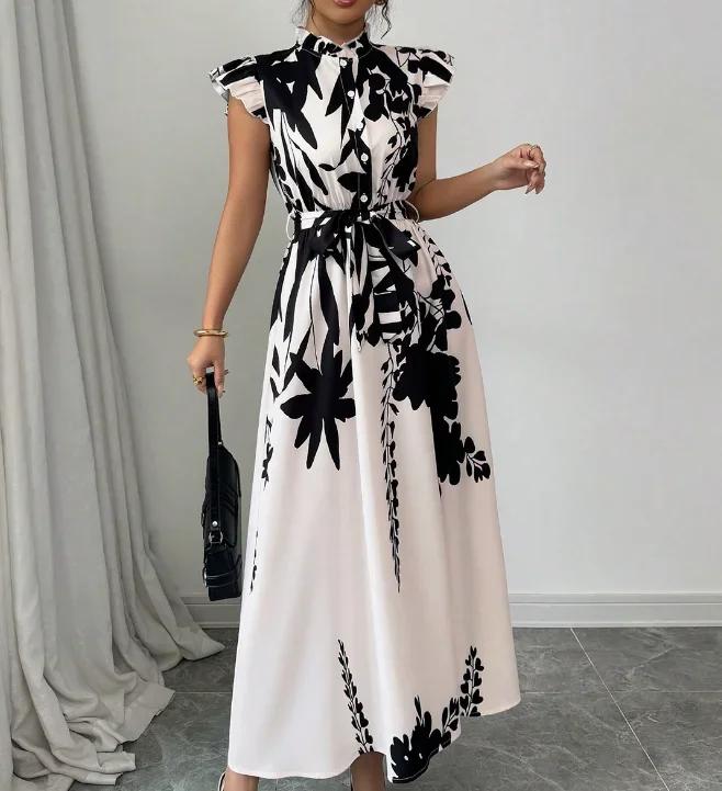 Robe élégante noire et blanche pour femme, idéale pour le travail, les rendez-vous et les vacances