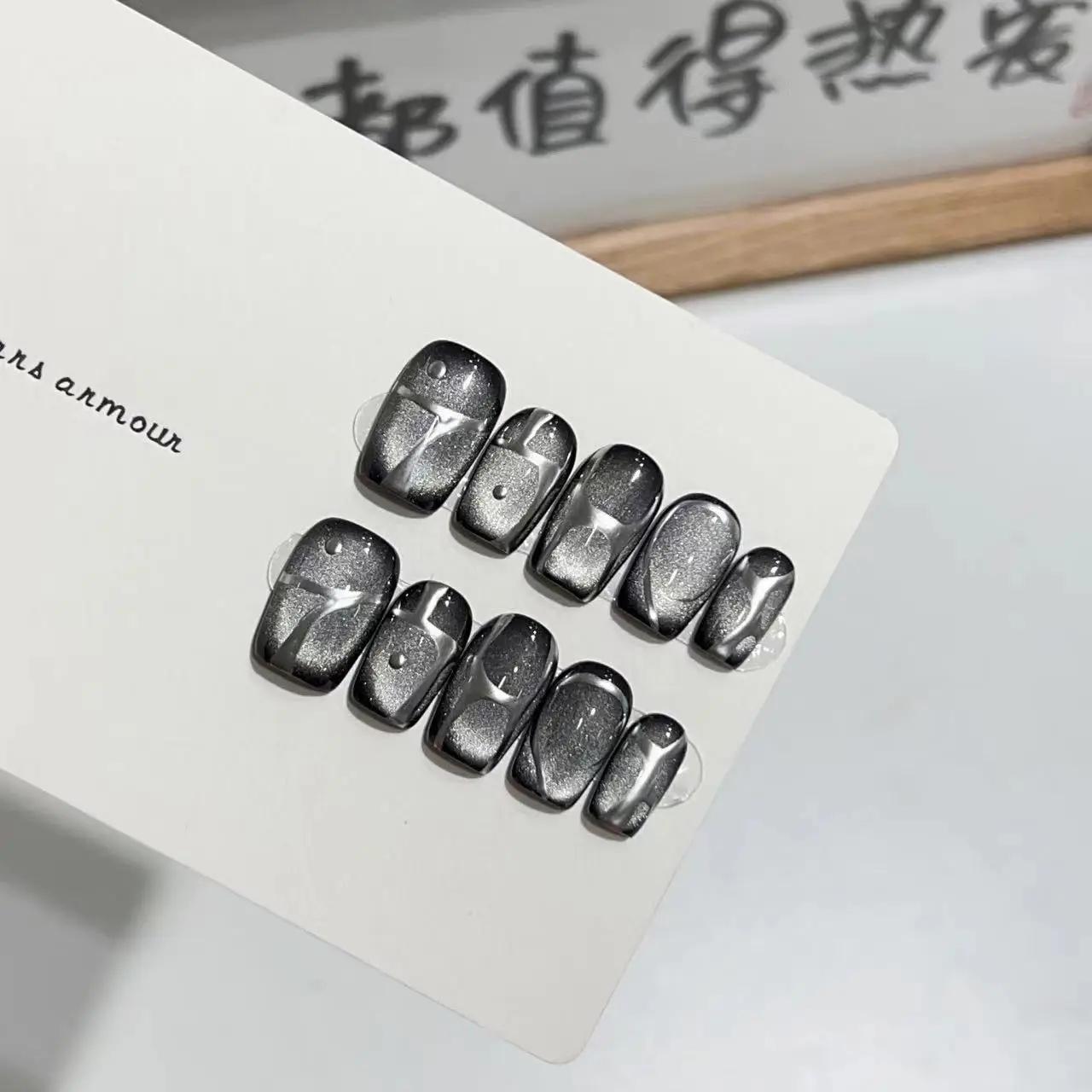 10 pièces noir mignon chat à la main presse sur ongles cristal oeil de chat faux ongles paillettes b