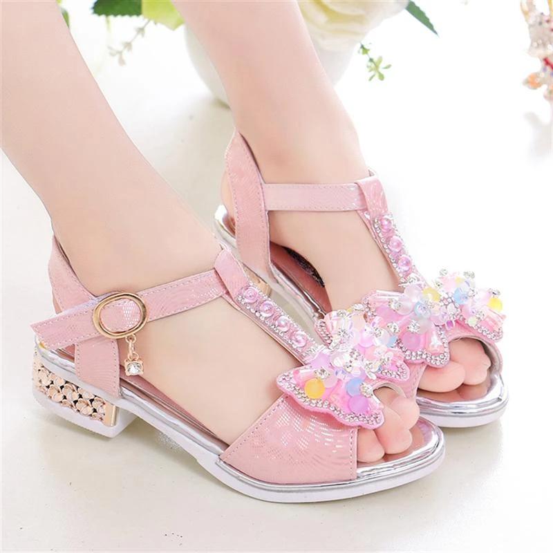 Sandales à talons plats pour filles, printemps et été, robe de princesse avec nœud, chaussures à la 