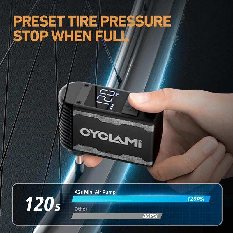 Pompe à vélo électrique portable en alliage CYCLAMI A2S 120 PSI 500 mAh, mini compresseur d'air rapi
