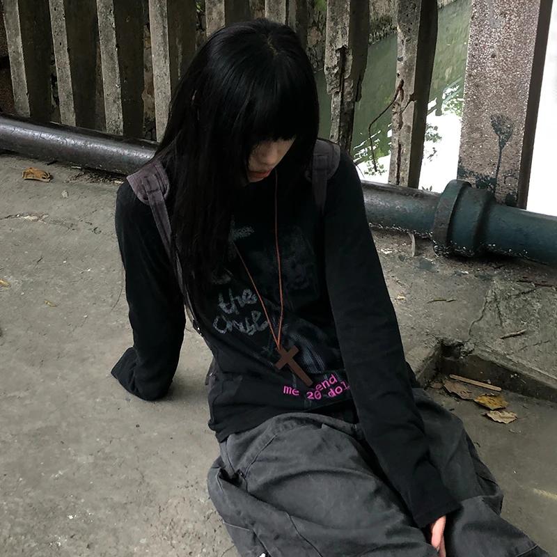 Karrram japonais Y2k Anime imprimé T-shirt Vintage Harajuku à manches longues T-shirt 2000s esthétiq