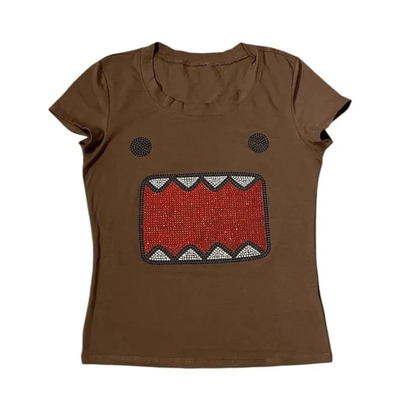 Été nouvelles femmes Y2K fille rétro chaud Fix strass Application col rond haut T-shirt drôle Vintag