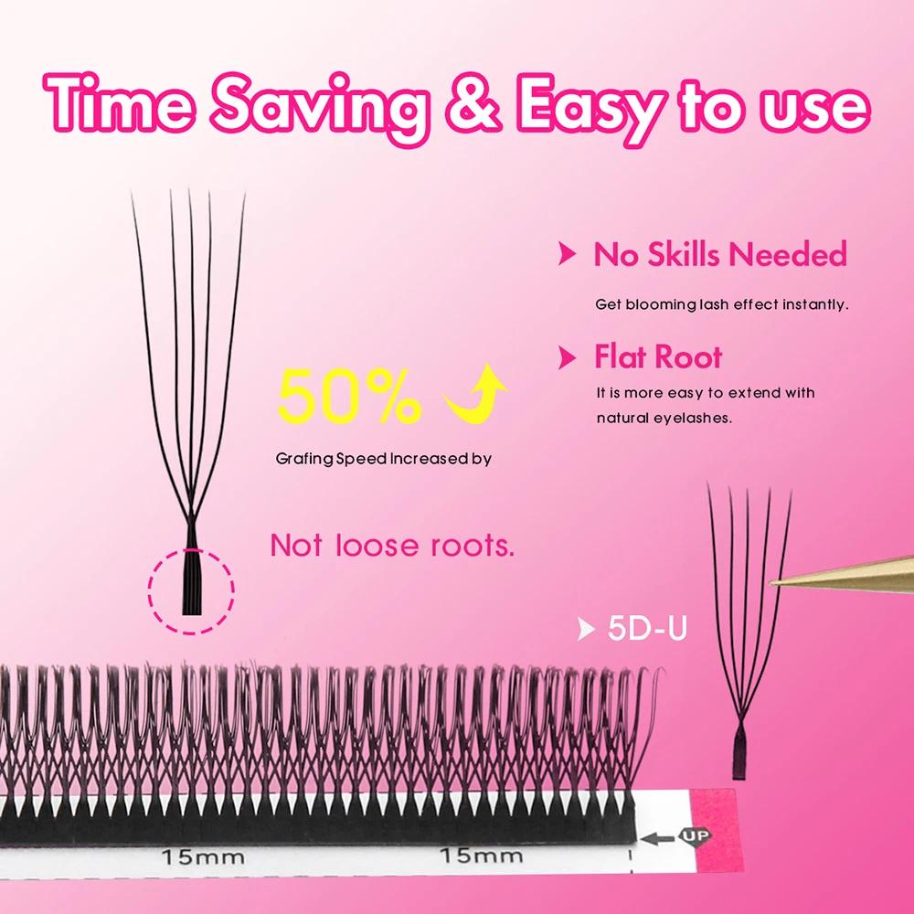 MASSCAKU Extensions de cils 3D/4D/5D/6D en forme de U épaisseur 0.07mm tissé à la main pré-fabriqué 