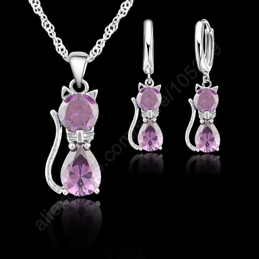 Ensembles de bijoux en argent CZ pour femmes et filles, collier en forme de chat mignon, ensemble de