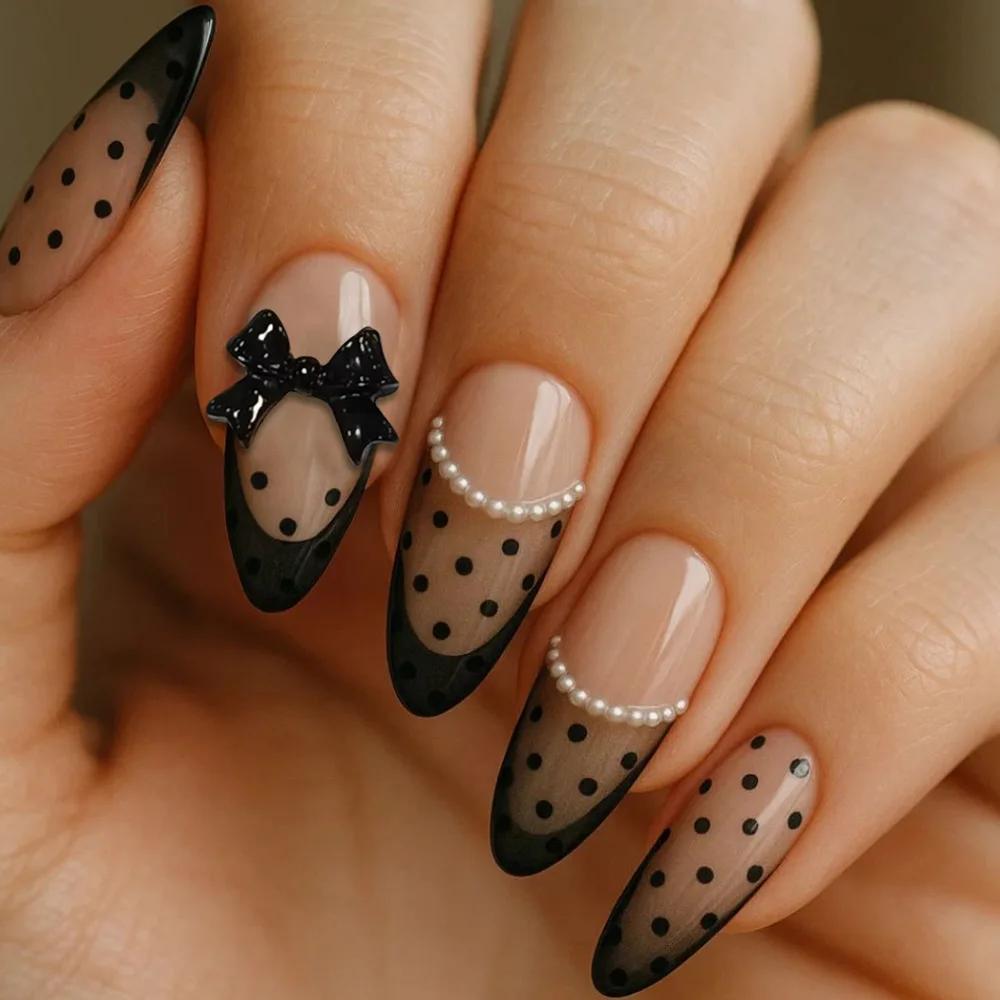 Faux ongles épicés en amande pour filles, 24 pièces, à pression française, à pois/rayons imprimés, b